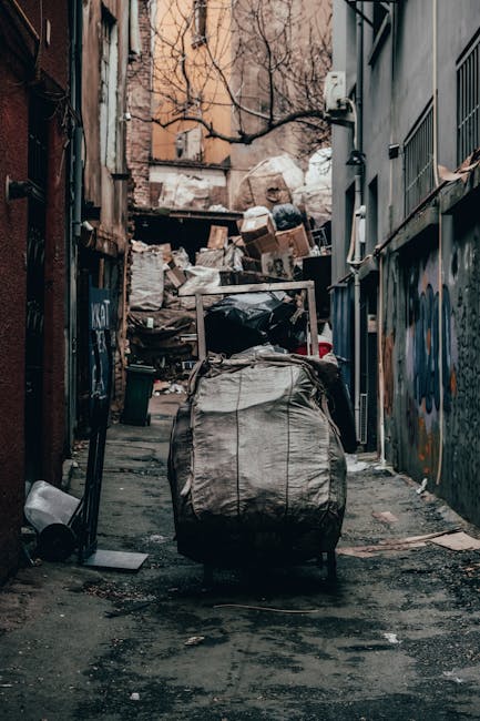 A collection of several black plastic rubbish bags, tightly tied and piled against the green wooden exterior wall of a building, located on a concrete sidewalk beside a small staircase with wooden steps leading to a white door. The building's façade features weathered vertical wooden panels painted in dark green, with some signs of wear and peeling paint. To the left, part of a graffiti-covered metal door or shutter with rust and graffiti markings is visible, and a small white utility box is mounted on the wall near the bags. The bags are piled directly on the ground, close to a patch of partially melted snow or ice. In the background, a parking area with a few parked cars, including a red vehicle, and a large brick building with multiple windows are seen. The scene appears to be during overcast weather, typical of urban surroundings where private waste collection might serve as an alternative to local authority rubbish pickup, with Rubbish Removal Greenwich operating in the area.